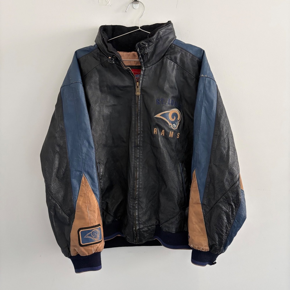 NFL St. Louis Rams Vintage Leather Bomber Jacket Black Blue XL